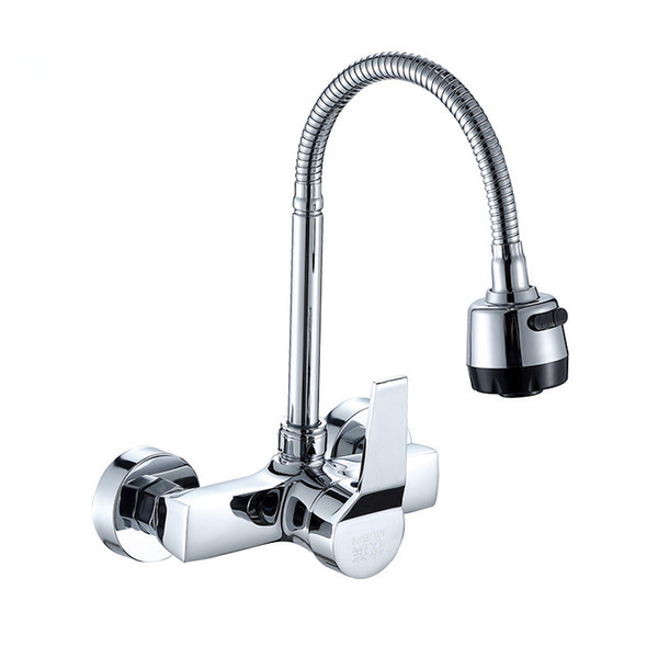 Wall Mounted Kitchen Faucet Wall Kitchen Mixers Kitchen Sink Tap 360 Degree Swivel Flexible Hose Double Holes