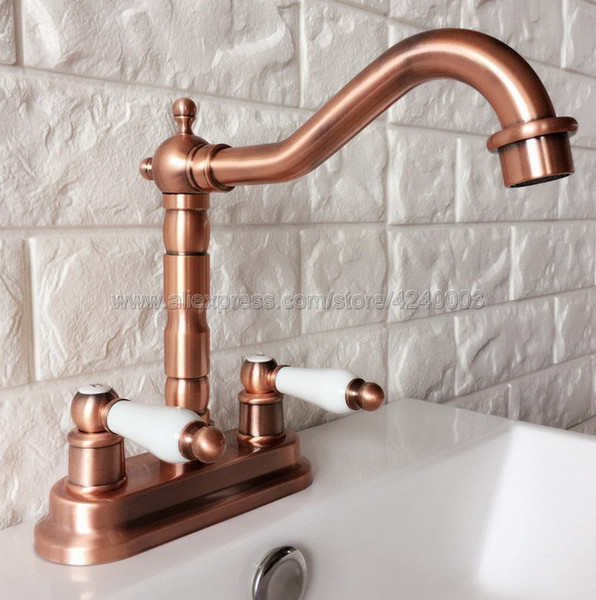 Antique Red Copper Deck Mounted 2 Handle/Hole Kitchen Bathroom Faucet Sink Water Mixer Tap Krg043