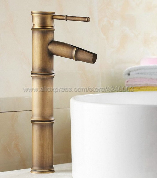 Antique Brass Waterfall Bathroom Sink Faucet Vessel Tall Bamboo Water Tap Mixer Knf017