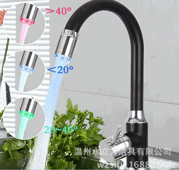 NEW Full copper single hole kitchen faucet with LED light Water sink washing basin Temperature rotary mixing brass faucet LED with light