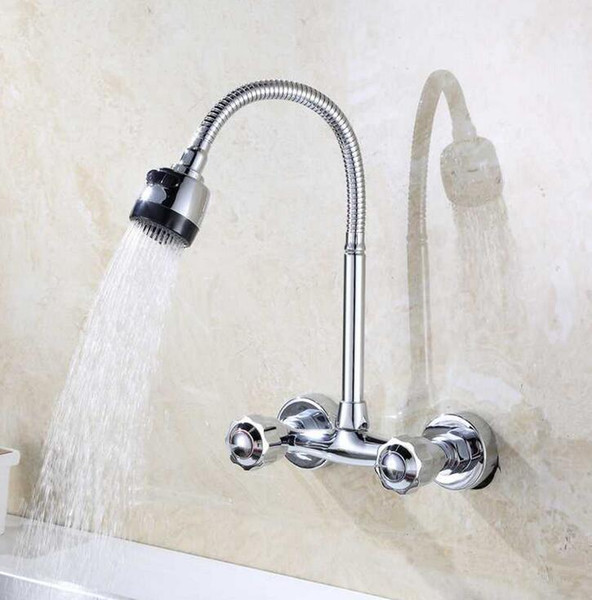 Wall Mounted Kitchen Faucet Hot and Cold Water Mixer Crane Two Hole Kitchen Sink Faucets Copper Chrome Finished