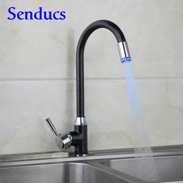 Free shipping Newly design LED kitchen sink faucet with solid brass led kitchen mixer tap of black chrome sink faucet