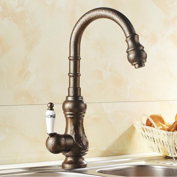 Free shipping antique kitchen faucets with blue and white porcelain,deck mounted brass european antique bronze kitchen faucet A-F006