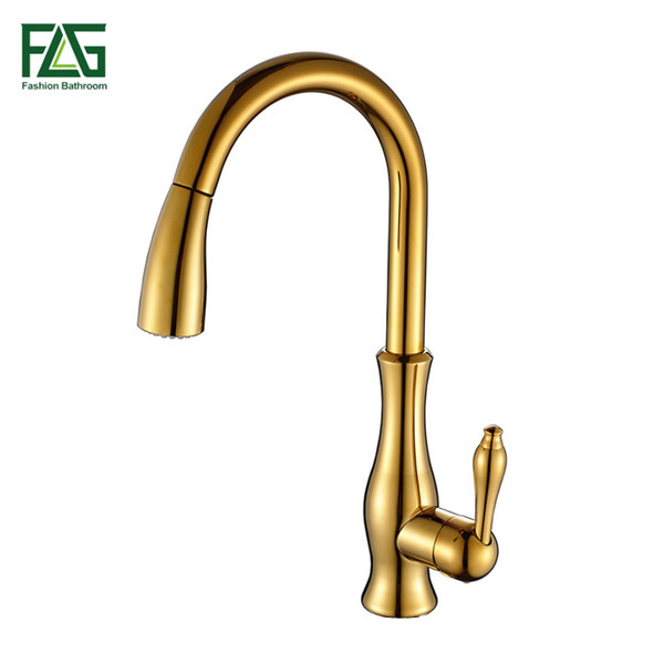 FLG Kitchen Faucet Pull Out Deck Mounted Pull Swivel 360 Degree Rotating Cold And Hot Tap Gold Torneira Dourada Mixer Tap 3023G