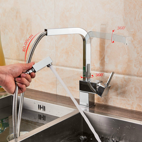 Bright Chrome Pull Out Kitchen Faucet Square Brass Kitchen Mixer Sink Faucet Mixer Kitchen Faucets Pull Down Tap