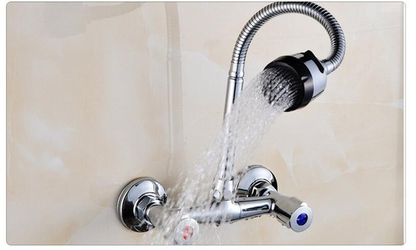 Wall Mount Kitchen Hot and Cold Water Faucet Dual Handle Flexible Hose Mixer Tap Chrome Finish