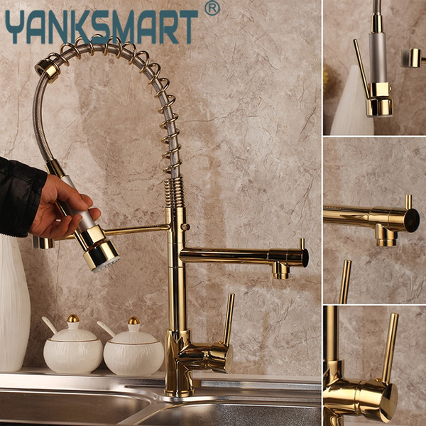 YANKSMART Solid Brass Gold Polish Kitchen Faucet Golden Vessel Sink Swivel Faucet Washbasin Mixer Taps with Pull Down Spray