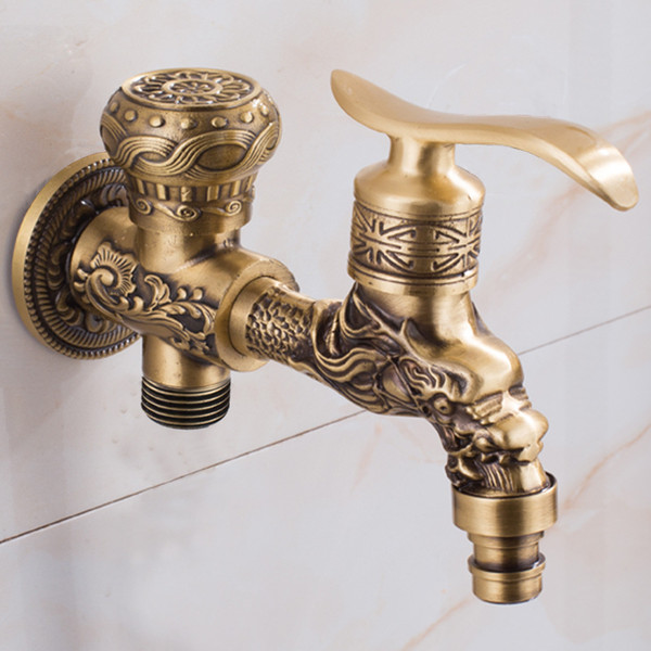 Long Garden Double Use Carved Bibcock Faucet Tap Crane Antique Brass Finish Wall Mount Washing Machine Water Faucet Cold Water Taps