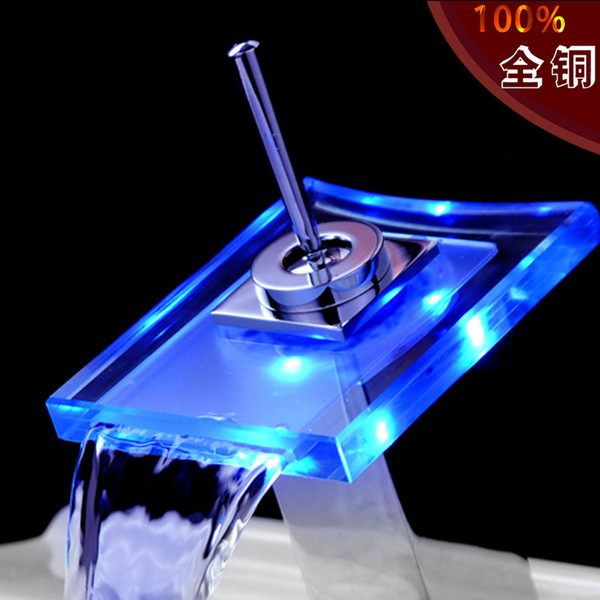 All the copper LED waterfall faucet Hot and cold water falls Light tap temperature change color mix faucet