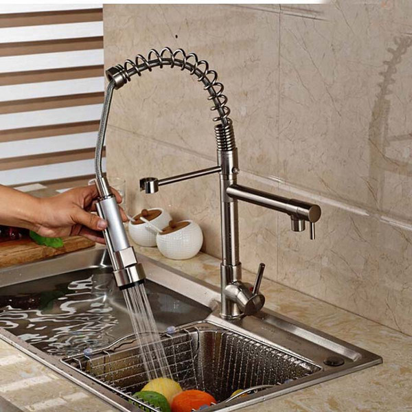 Wholesale- Luxury Brushed Nickel Spring Kitchen Mixer Faucet Single Handle One Hole Double Sprayer