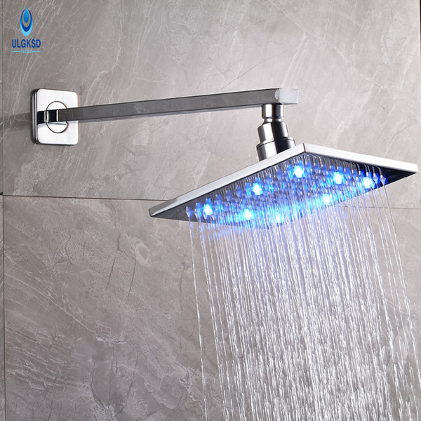 ULGKSD Bathroom LED Change Shower Head Chrome Brass Rainfall With LED Square Shower Head With Arm