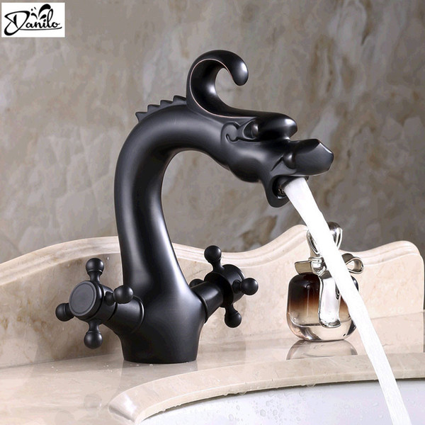 Wholesale- Black Antique Dragon Bathroom Basin Faucet brass bathroom faucets single handle Hot and Cold Water Tap Deck Mounted Mixer Tap