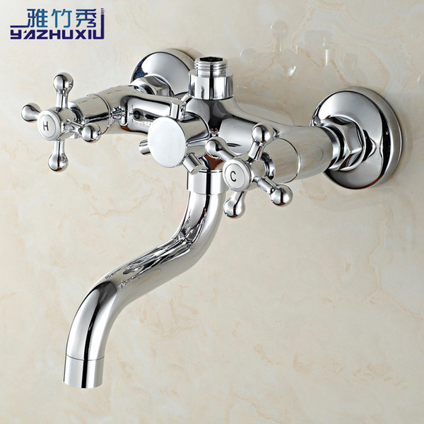 Kitchen Faucets Dual Holder Dual Hole Bathroom Tap Brass Polished Silver Bathroom Mixer Hot Cold Water Sink Wall Mounted