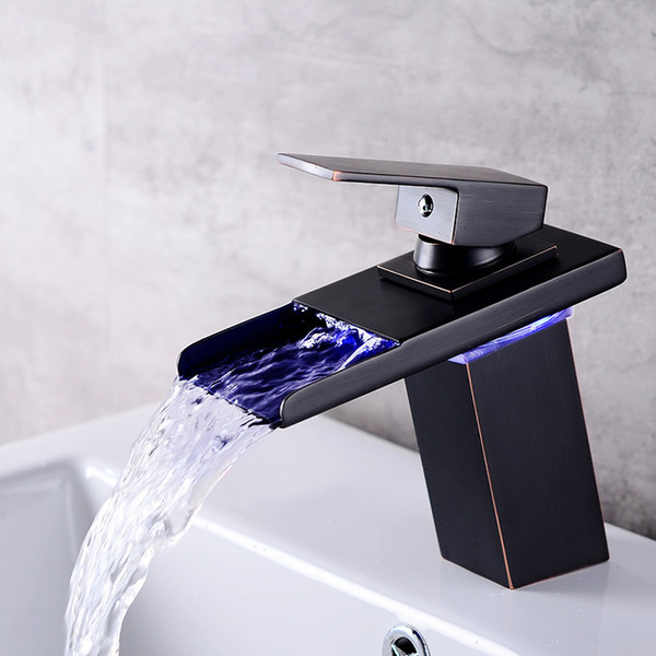 LED Sensor Color Change Bathroom Faucet Black Chrome Basin Mixer Waterfall Spout Cold and Hot Water single Hand