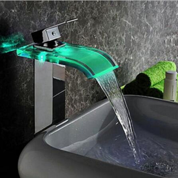 Wholesale- Modern LED Color Changing Glass Waterfall Spout Bathroom Basin Faucet Vanity Mixer Tap Chrome