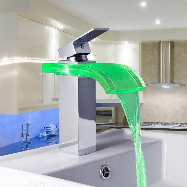 Wholesale- 8220-3 Construction & Real Estate LED Colors Changing Chrome Waterfall Bathroom Basin Sink Mixer Tap Basin Faucet