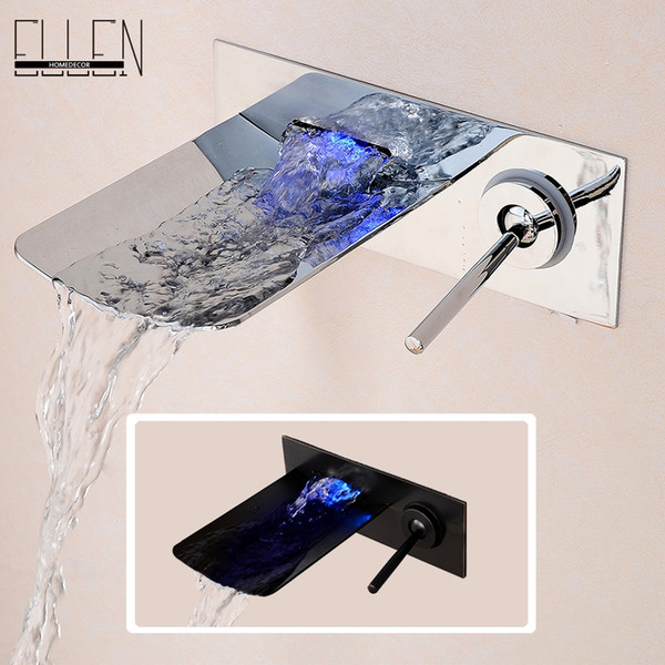Wholesale- Water Led Bathroom Tap Faucet Temperature Color Changing LED Waterfall Wall Mount Bathroom Sink Faucet