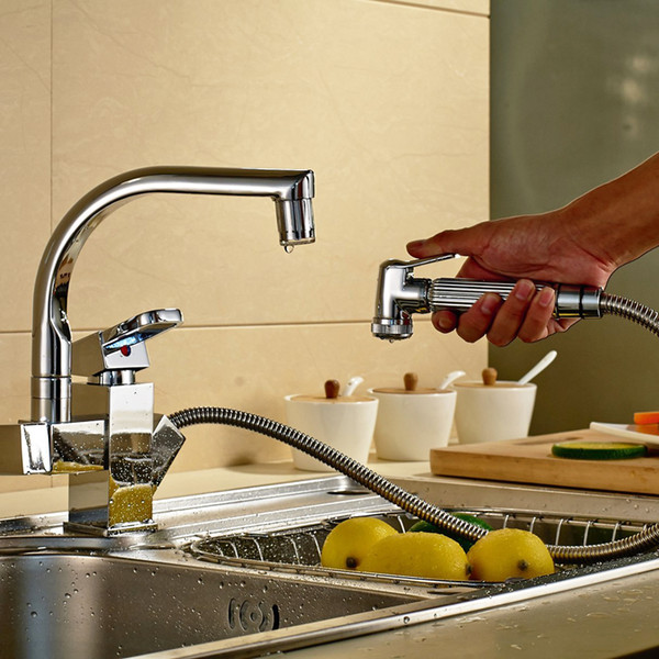 free shipping contemporary chrome LED light pull out kitchen faucet hot and cold water mixer kitchen tap