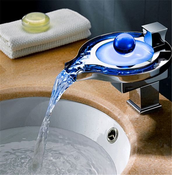 2016 New Led Faucet Bathroom Basin Faucet Brass Chromed led Waterfall Taps Water Power Basin led Mixer 3 Colors Change Led Tap
