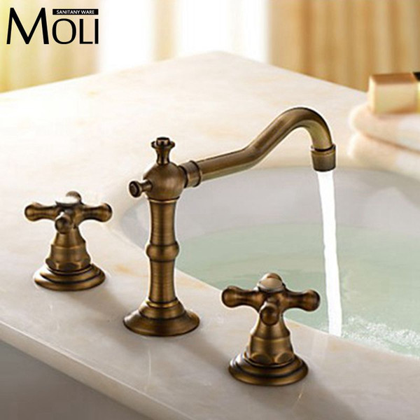 Wholesale- Classic antique bronze washbasin faucet bathroom cross double handle three hole cold and hot water tap
