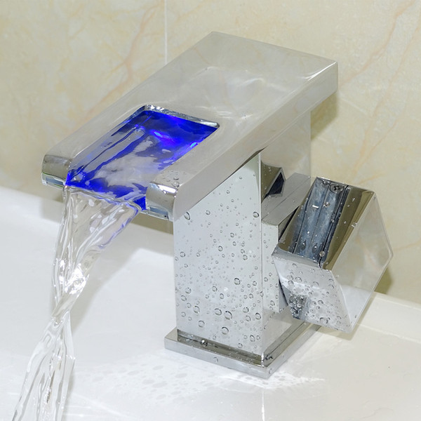 Color Changing LED Waterfall Bathroom Sink Faucet Mixer Tap square deck mounted Single Hole /handle