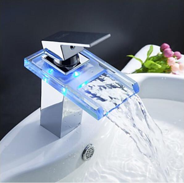 Chromed polished Battery RGB LED light Bathroom basin sink mixer tap glass waterfall Faucet C3065