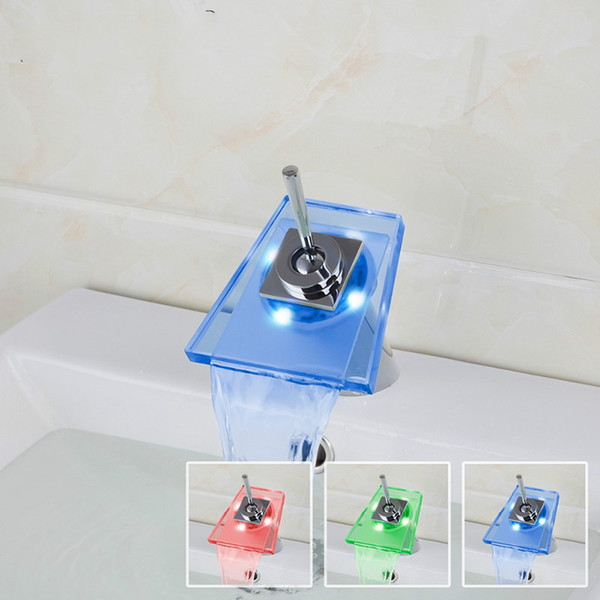 New Waterfall Bathroom Basin Faucet LED Color Changing Glass Single Handle Hole Tap Chrome Bathroom Faucets