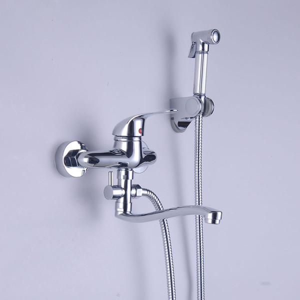 Wholesale- Luxury Wall Mount Bathroom Kitchen Sink Faucet Hot and Cold Brass Washing Machine Taps with Flushing Sprayer