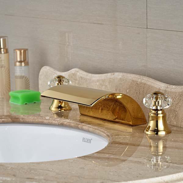Wholesale- Gold Finish Deck Mounted Golden Brass Waterfall Bathroom Faucet Crystal Handles Tap Hot And Cold Mixer