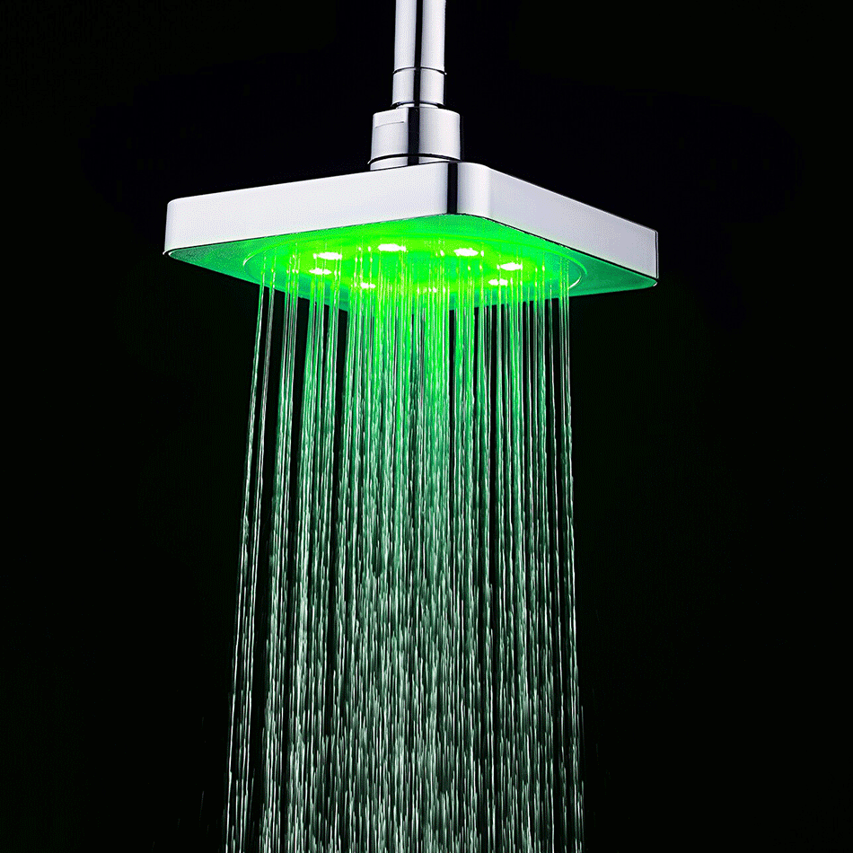 6 inch LED Bathroom Shower Head Rainfall Top Spray 7 Colors Gradual Changing and 3 colors Temperature Sensor Square Fixed Shower heads