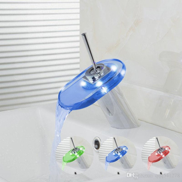 LED Glass Square Waterfall Bathroom Basin Sink Faucet Bathroom vanity Mixer Tap Chrome Polished Bathroom Faucets Mixers Taps