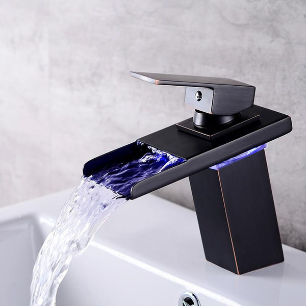 LED Sensor Color Change Bathroom Faucet Black Chrome Basin Mixer Waterfall Spout Cold and Hot Water single Hand