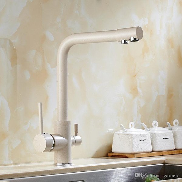 Wholesale- Solid Brass Beige White Kitchen Faucet Double Spout Drinking Water Filter Kitchen Faucet Tri-flow Tap for Kitchen Sink Faucet