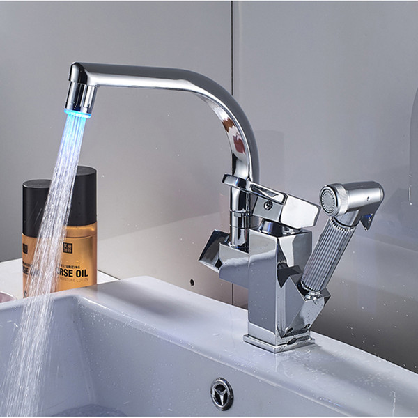 contemporary LED light pull out hot and cold water mixer tap kitchen faucet