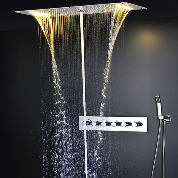 Electric LED Multifunction Shower System Concealed Ceiling High Flow Rain , column , Waterfall Showerhead Bathroom Faucets Set