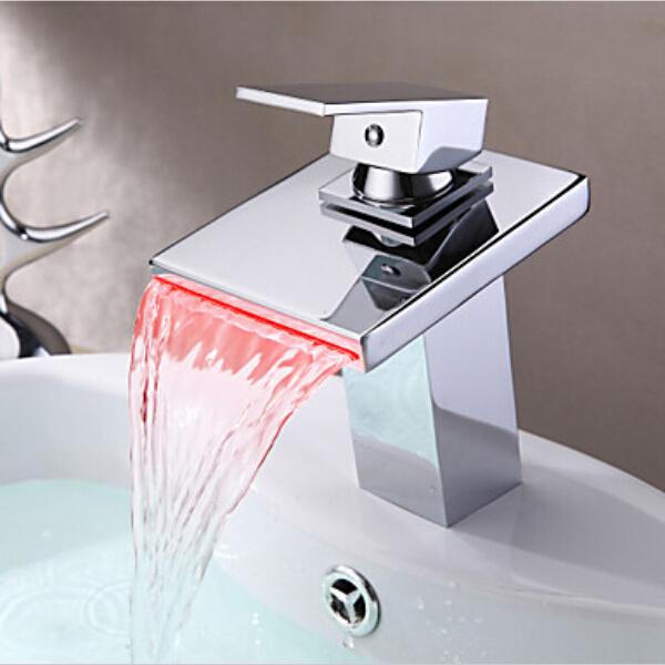 Chromed Polished Battery RGB LED light Bathroom Basin Sink Mixer Tap Brass Waterfall Faucet C3075