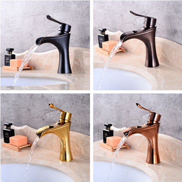 4 Colors Choice Waterfall Bathroom Soild Brass Basin Sink Faucet Single Handle Wash Hot Cold Mixer Tap