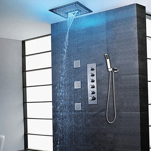 Modern Bathroom Shower Set LED Ceiling Recessed Big Showerhead Large Rain Waterfall Mist Multifunction Shower 400 x 400 mm