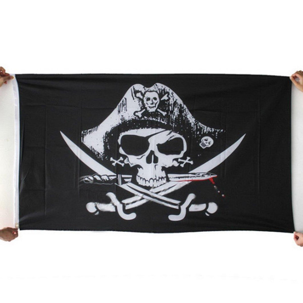 Halloween Black Pirate Flags With Grommets Decoration Skull Cross Crossbones Sabres Swords Jolly Roger Banner 90*150cm 5PCS