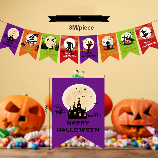 Quality 300cm Halloween Party Banner Pull Flags Toys Pumpkins Witch Skull Backdrop Bunting Flags DIY Halloween Decorations Garlands