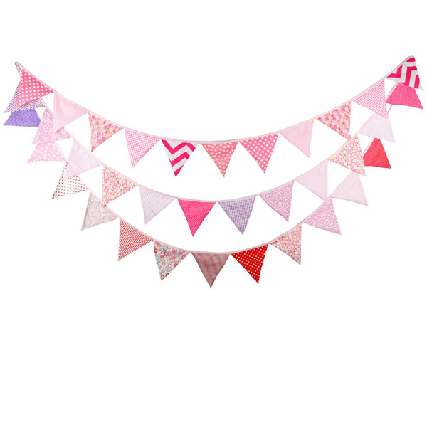 Wholesale- 3pcs/lot 12 Flags - 3.2M Cotton Fabric Banners Pink Bunting Decor Wedding Garland Girl's Birthday Party Decoration bunting