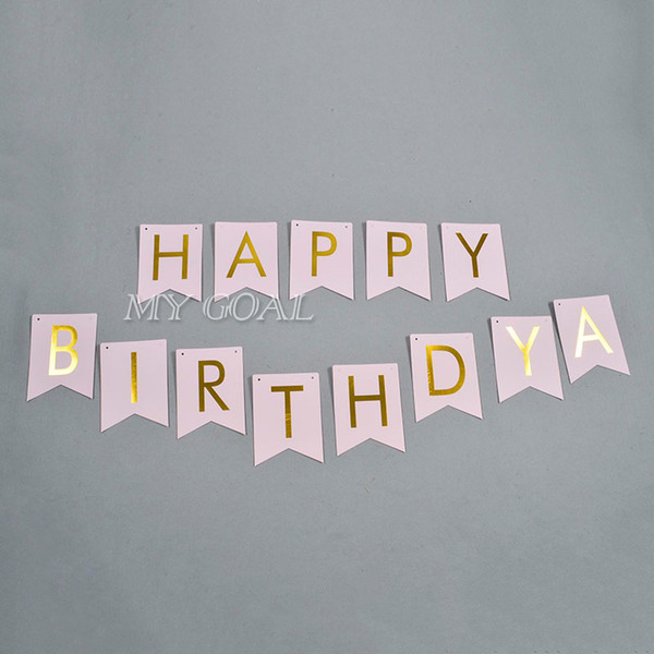 Wholesale-Pastel Pink Happy Birthday Banner Garland Hanging Gold Letters Photo Props Bunting Garland Wedding Decoration Party Event