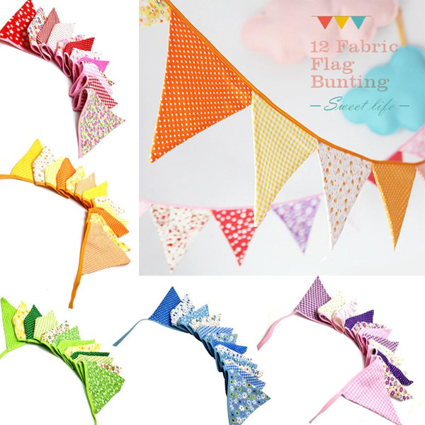 Wholesale-2.5m Multicolor Handmade 12flags Bunting Double side Fabric Flag Banner Garland Wedding Party Decoration