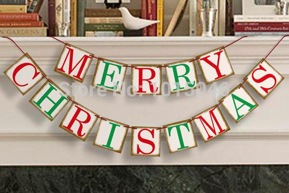 Wholesale- Free Shipping 1 X New Romantic Golden Side Colorful MERRY CHRISTMAS Bunting Banner Photo Booth Prop Party Decoration Garlands