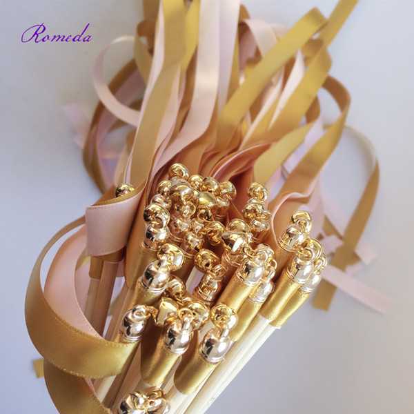 Hot selling 50pcs/lot gold & pink wedding ribbon wands with gold bell