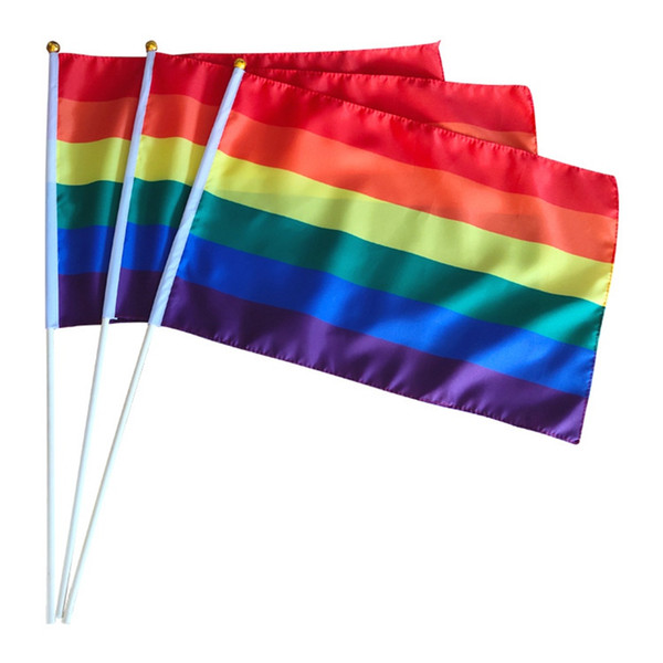 Rainbow Gay Pride Stick Flag With Flagpole 5x8 Inch Hand Flag Waving Banner Handhold Using Gold Top Rainbow Gay Pride Flag BH1748 TQQ