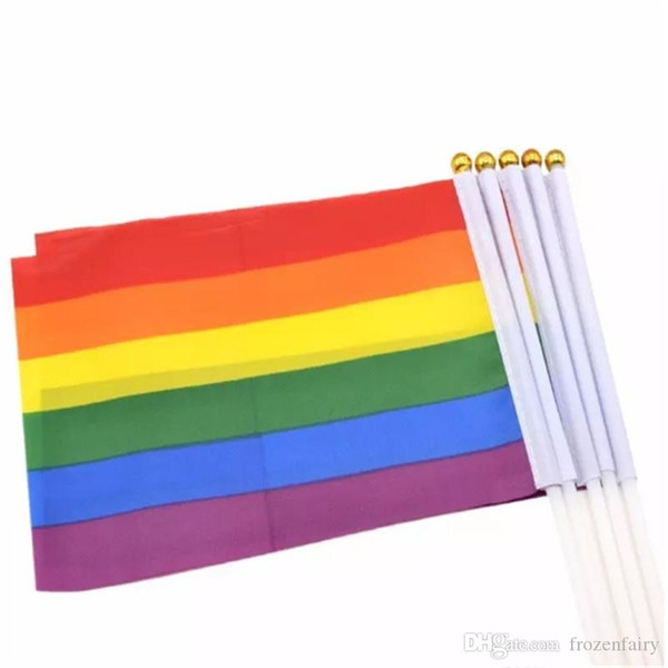 14*21cm Gay Pride Flag Lesbian LGBT Colorful Rainbow Hand Waving Banners With Plastic Flagpoles For Sports Parade Decor 2018120407