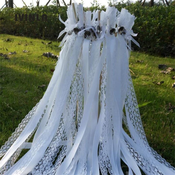 50pcs/lot white lace wedding ribbon wands with silver bell for wedding decoration