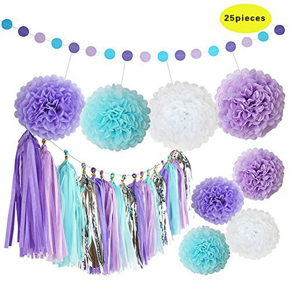 Baby Shower Purple Blue White Birthday Pom Poms Party Decor Wedding Hanging Decorations Kit Paper Tissue Flowers Tassel Banner Dots Garlands