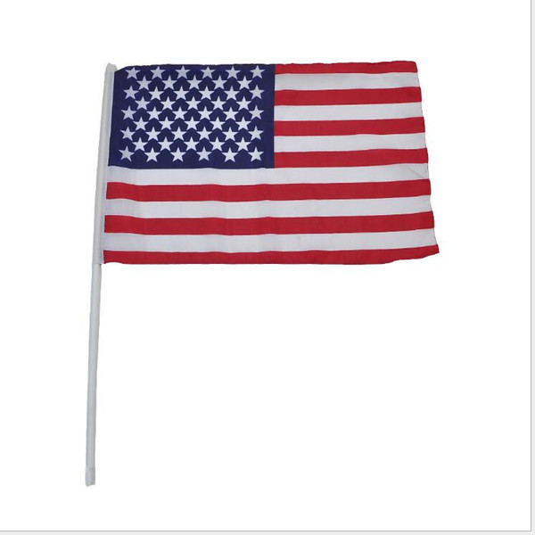 100pcs 14 *21cm A Plastic Stick Party American Handing Flag Polyester Material Handflag American Style Banner Ensign